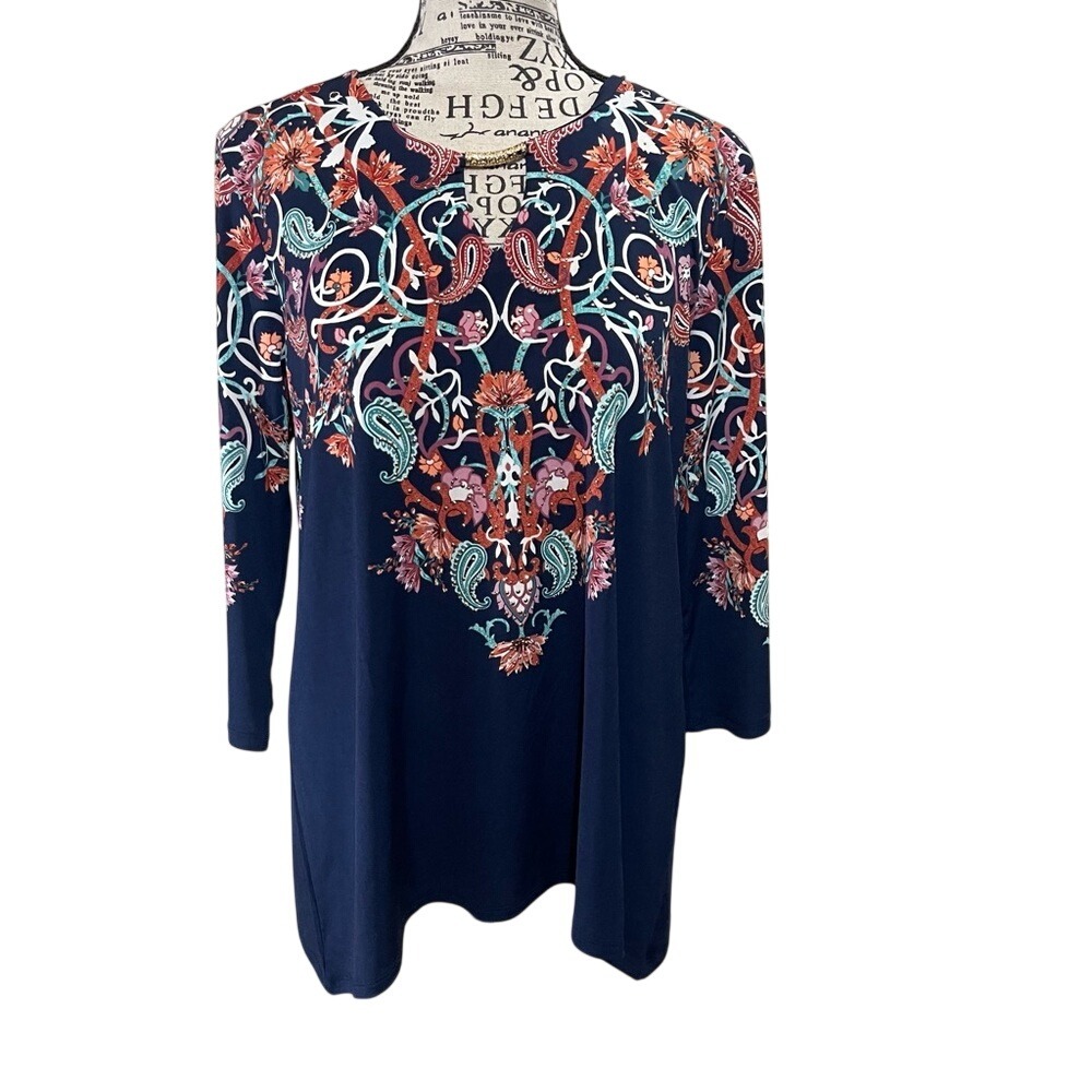 JM Collection Navy Floral Embroidered Blouse